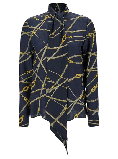 Shop Versace Blue Shirt With Scarf And Barocco Motif In Silk Blend Woman