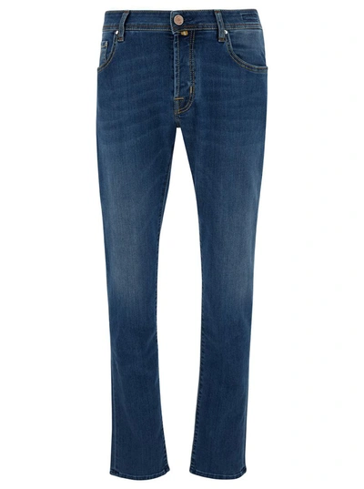 Shop Jacob Cohen Blue Slim Low Waisted Jeans With Patch In Cotton Denim Man