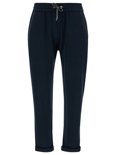 Shop Brunello Cucinelli Blue Sports Pants With Drawstring In Cotton And Silk Woman