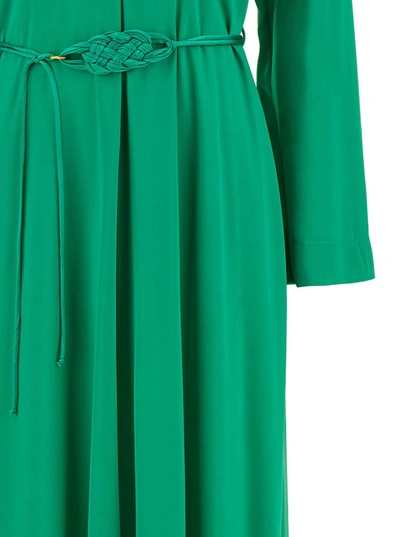 Shop Forte Forte Long Green Dress With Belt And Long Sleeves In Stretch Silk Woman