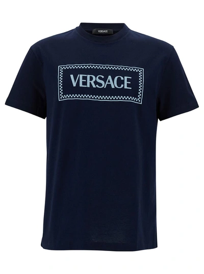Shop Versace Blue Crewneck T-shirt With 90's Logo Print In Cotton Man