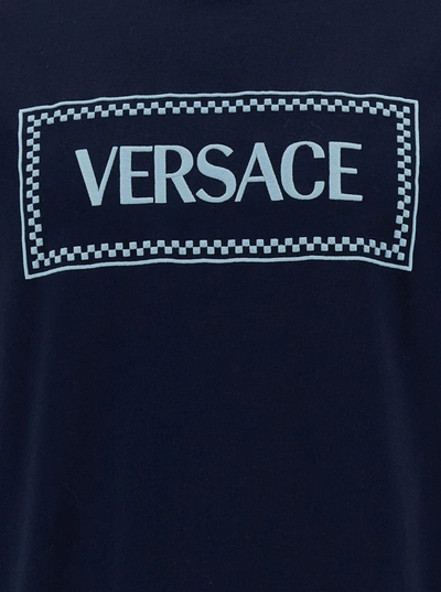 Versace Blue Crewneck T-shirt With 90's Logo Print In Blu