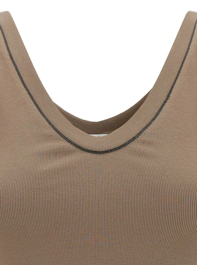 Shop Brunello Cucinelli Brown Rib Tank Top With Monile Detail In Stretch Cotton Woman In Beige