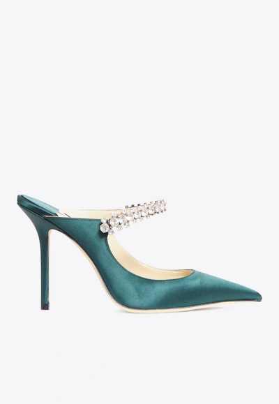 Shop Jimmy Choo Bing 100 Satin Crystal-strap Mules In Green