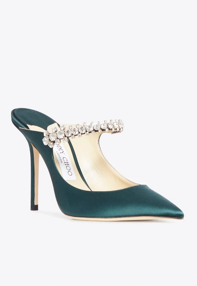 Shop Jimmy Choo Bing 100 Satin Crystal-strap Mules In Green