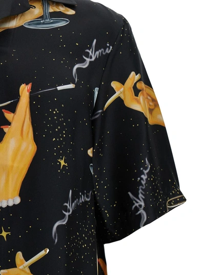 Shop Amiri 'champagne' Black Bowling Shirt With Graphic Print In Silk Man