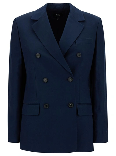 Shop Theory Blue Double-breasted Jacket With Notched Revers In Viscose Woman