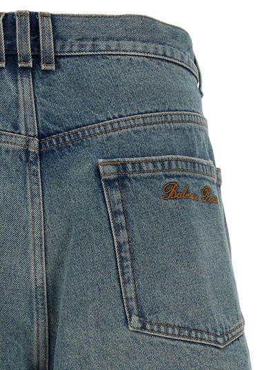 Shop Balmain Light Blue Bermuda Shorts With Rips And Logo Print In Cotton Denim Man