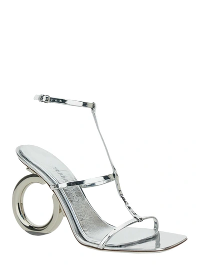 Shop Ferragamo 'elina' Silver Sandals With Sculptural Heel In Leather Woman In Grey