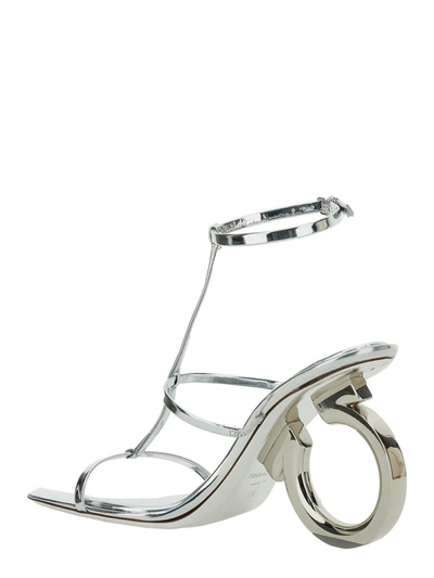Shop Ferragamo 'elina' Silver Sandals With Sculptural Heel In Leather Woman In Grey
