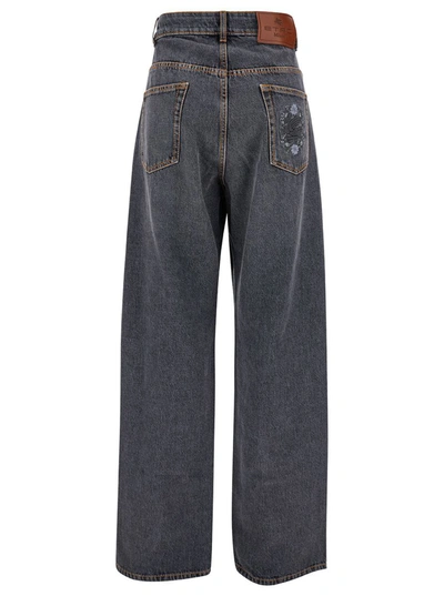 Shop Etro Blue Wide-leg Jeans With Logo Embroidery In Denim Woman