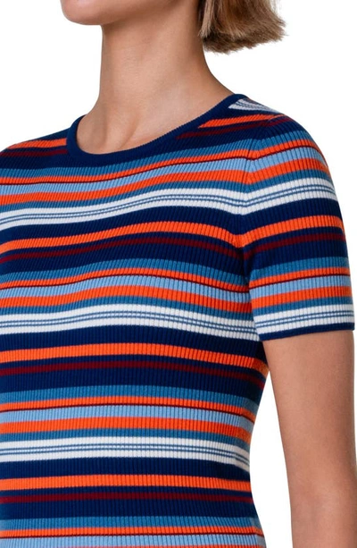 Shop Akris Punto Stripe Short Sleeve Virgin Wool Sweater In Denim-multicolor