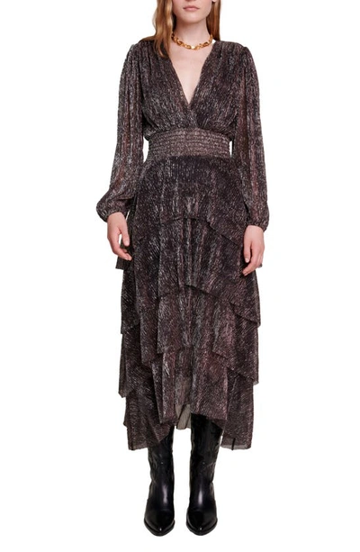 Shop Maje Ruffinity Metallic Long Sleeve Tiered Maxi Dress In Brown
