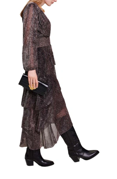 Shop Maje Ruffinity Metallic Long Sleeve Tiered Maxi Dress In Brown