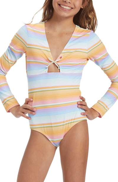 Shop Billabong Kids' Blissed Out Keyhole Long Sleeve One-piece Swimsuit In Blue Multi