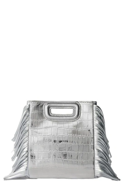 Shop Maje Croc Metallic Leather Mini Shoulder Bag In Silver