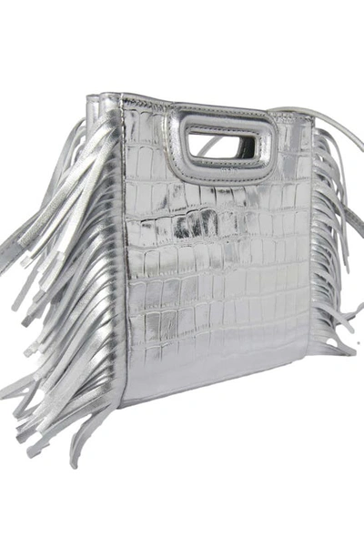 Shop Maje Croc Metallic Leather Mini Shoulder Bag In Silver