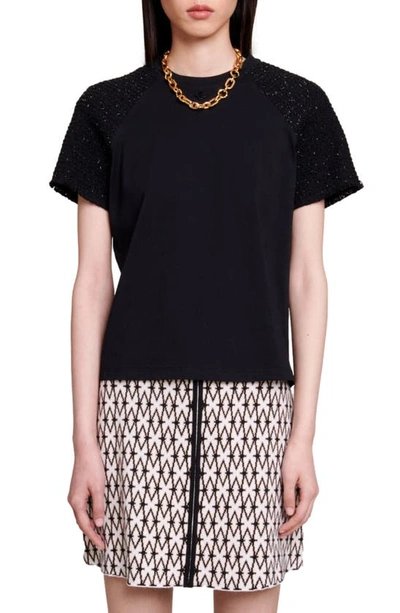 Shop Maje Tweedo Embellished Knit Top In Black