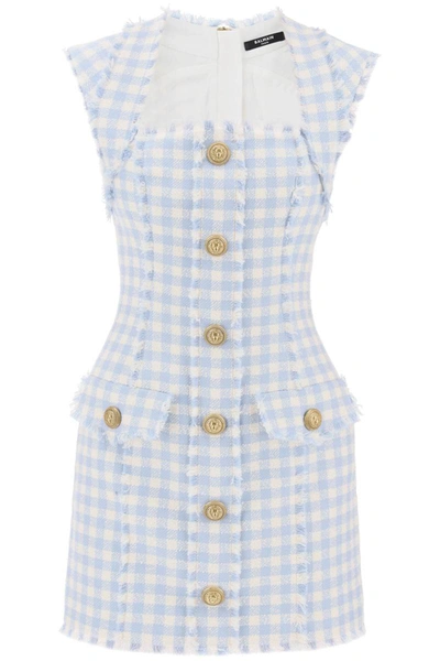 Shop Balmain Mini Dress In Tweed With Gingham Pattern In Multicolor