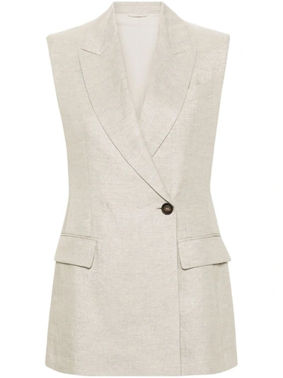 Shop Brunello Cucinelli Sleeveless Blazer With Metallic Thread In Grey