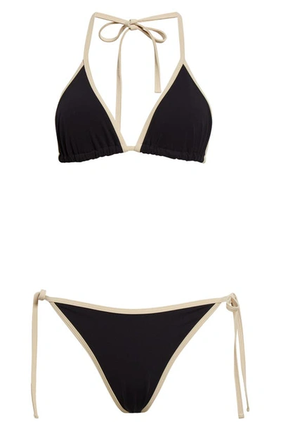 Shop Totême Stripe Edge Triangle Bikini Top In Black