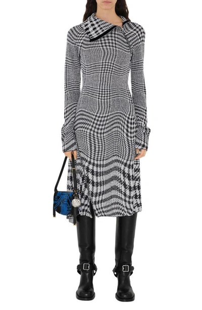 Shop Burberry Warped Houndstooth Jacquard Asymmetric Long Sleeve Wool Blend Midi Dress In Monochrome Ip Pttn