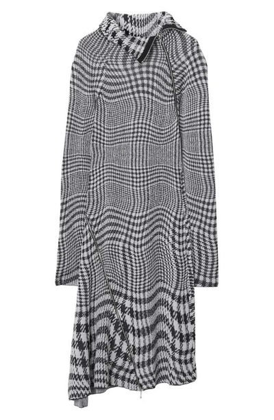 Shop Burberry Warped Houndstooth Jacquard Asymmetric Long Sleeve Wool Blend Midi Dress In Monochrome Ip Pttn
