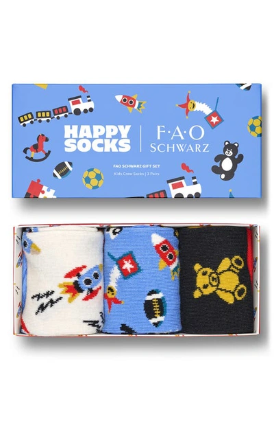 Shop Happy Socks X Fao Schwarz Kids' Assorted 3-pack Crew Socks Gift Box In Assorted Blue