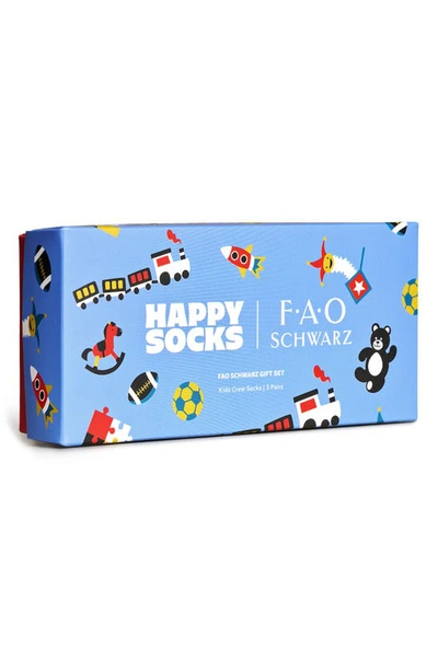 Happy Socks X Fao Schwarz Kids' Assorted 3-pack Crew Socks Gift Box In Assorted Blue