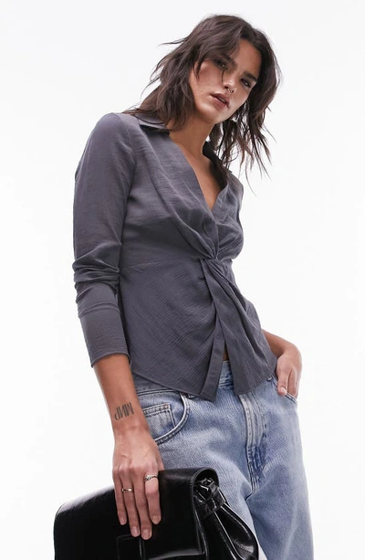 Shop Topshop Twist Front Crinkle Shirt In Charcoal