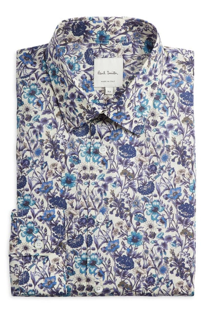 Shop Paul Smith Tailored Fit Floral Cotton Button-up Shirt In Light Blue