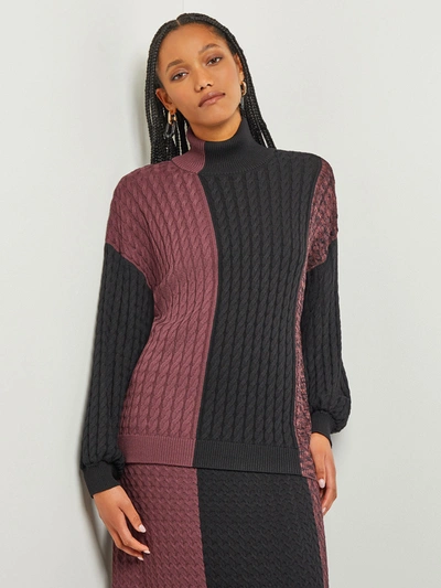 Shop Misook Colorblock Cable Knit Mock Neck Tunic In Multi
