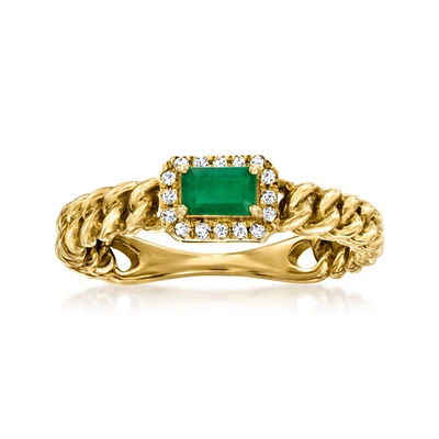 Shop Ross-simons Emerald Curb-link Ring With Diamond Accents In 14kt Yellow Gold In Green