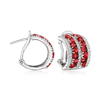 Shop Ross-simons Simulated Ruby And Cz C-hoop Earrings In Sterling Silver In Red