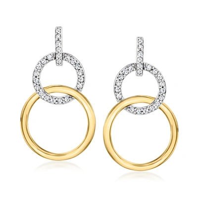 Ross-simons Diamond Interlocking-circle Drop Earrings In Sterling Silver And 14kt Yellow Gold In White
