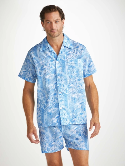Shop Derek Rose Men's Short Pyjamas Ledbury 70 Cotton Batiste Blue