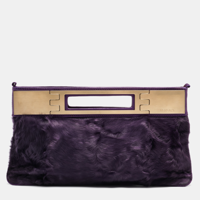 Pre-owned Versace Purple Calfhair And Leather Metal Clutch