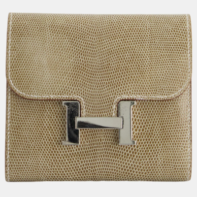 Pre-owned Hermes Constance Wallet In Ficelle With Shiny Varanus Niloticus Lizard And Palladium Hardware In Beige