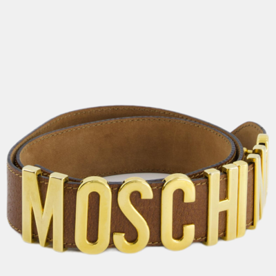 Pre-owned Moschino Brown Leather Logo Belt With Gold Hardware Size 44 (uk 12)