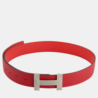 Pre-owned Hermes Red Reversible Constance Belt With Brushed Palladium Buckle Size 85cm