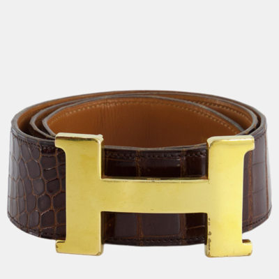 Pre-owned Hermes Vintage Brown Croc Belt With Gold H Buckle Size 80