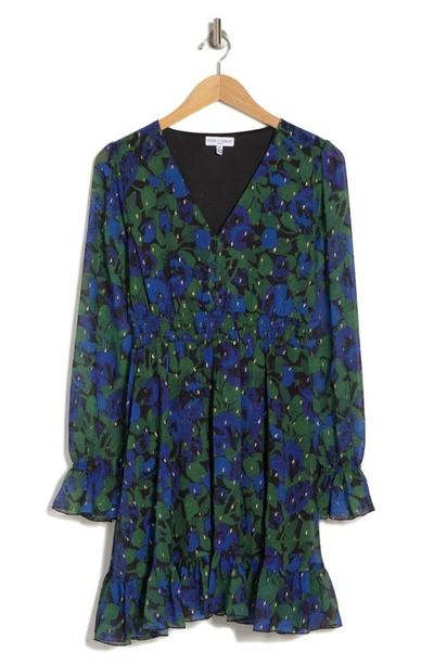 Shop Koko + Mason Floral Ruffle Long Sleeve Fit & Flare Dress In Cobalt