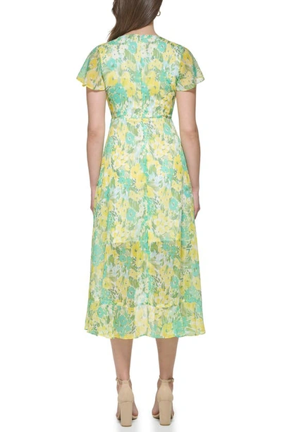 Shop Kensie Floral Chiffon Faux Wrap Midi Dress In Citron Multi