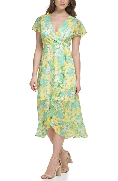 Shop Kensie Floral Chiffon Faux Wrap Midi Dress In Citron Multi