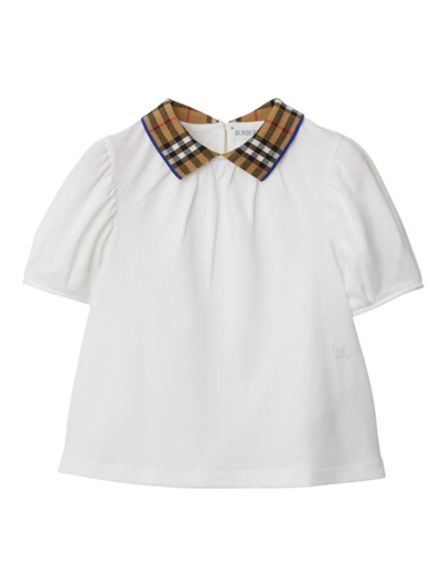 Shop Burberry Check Collar Polo Shirt In White