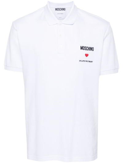 Shop Moschino Polo Shirt With Embroidery In White