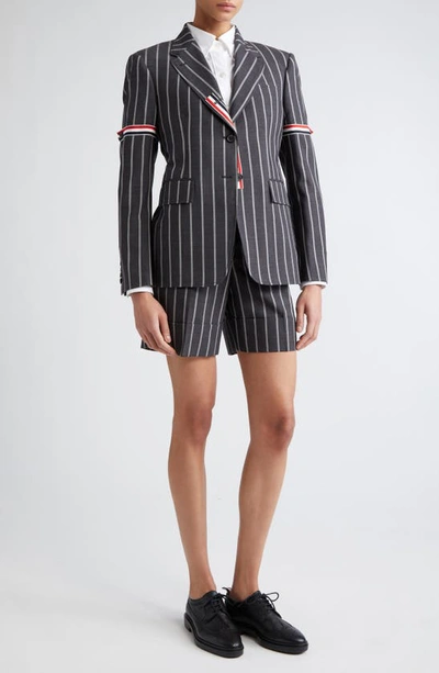 Shop Thom Browne Side Tab Wool Straight Leg Shorts In Dark Grey