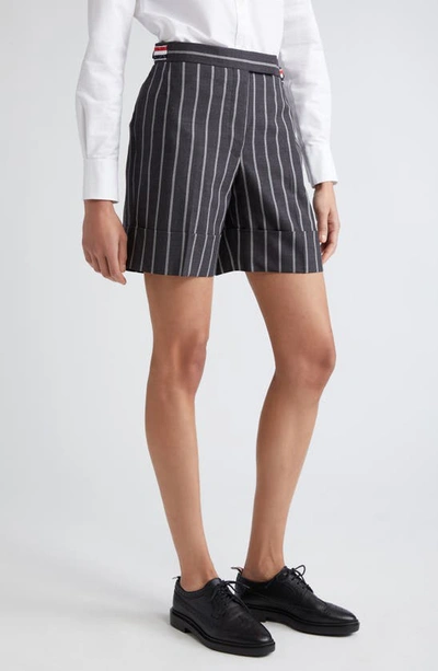 Thom Browne Side Tab Wool Straight Leg Shorts In Dark Grey