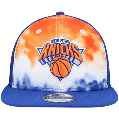 Shop New Era Royal New York Knicks Hazy Trucker 9fifty Snapback Hat In Blue