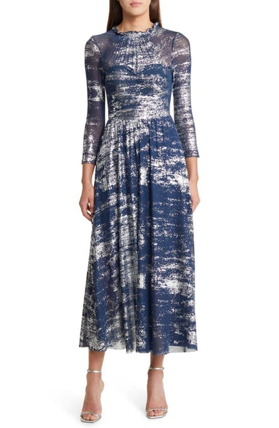 Shop Ted Baker Iggiey Metallic Print Long Sleeve Dress In Navy